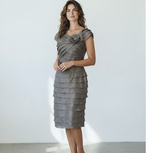 Gray Party Dress Corsage Shimmery Shutter Ruffles Sz 8